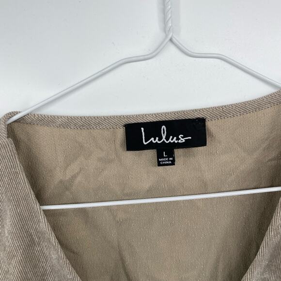 Lulus Benton Light Grey Corduroy Button-Up Sleeveless Mini Dress Deep V Sz Large - Picture 10 of 12